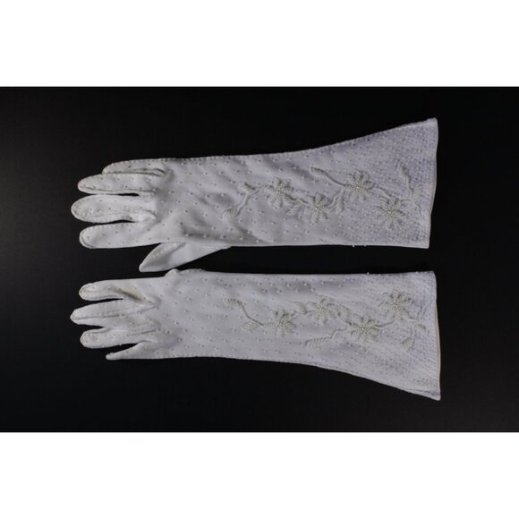 Long white felt beaded gloves size 6.5 - 7, vintage wedding bridal gloves 1950s - Picture 6 of 10